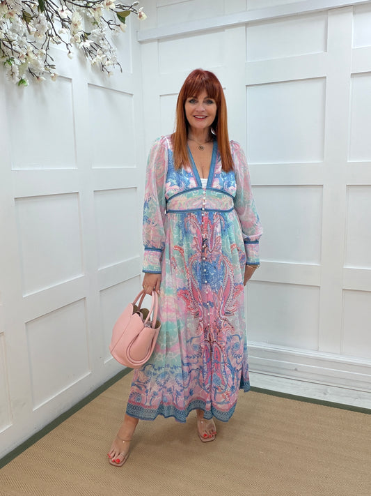 Ava: Pastel blue & pink paisley print V neck dress. 5 sizes
