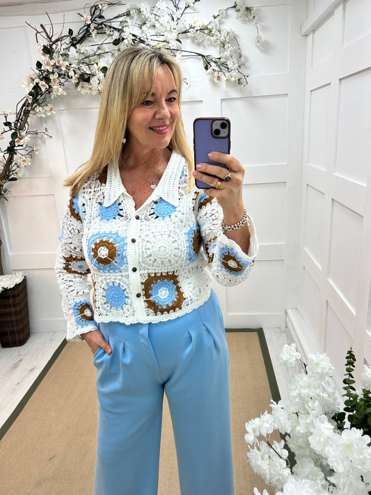 Cleo: White, blue & brown crochet cardigan. One size: 12-16