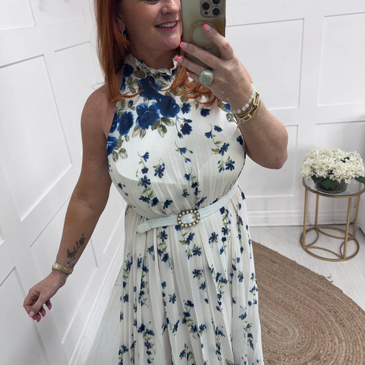 Carla: White & blue floral pleated midi dress. One size 16-20/22