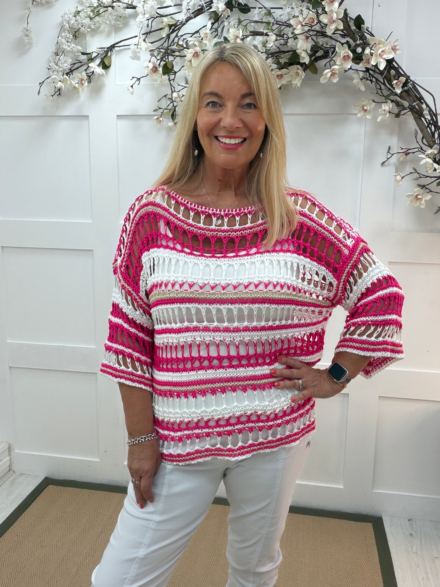 Olivia: 3/4 sleeve stripe holey open knit top. One Sz: 12-18. 3 colours