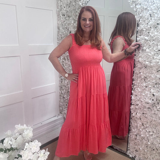 Molly: Coral shirred maxi dress. One size: 10-18