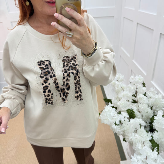 Louisa: Cream leopard print M logo sweatshirt. One size: 12-18