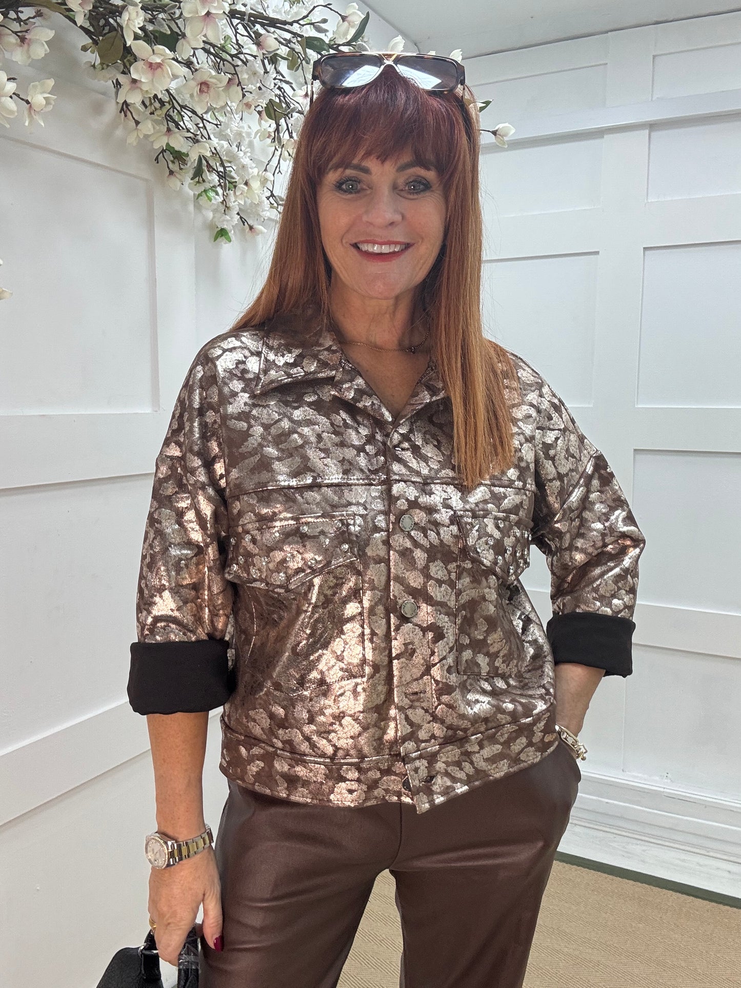 Ramona: Brown and gold luxe leopard jacket . One size: 10-16