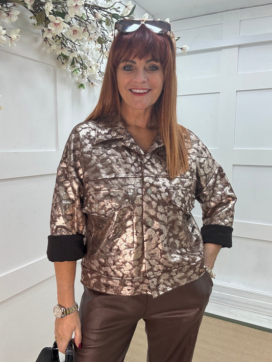 Ramona: Brown and gold luxe leopard jacket . One size: 10-16