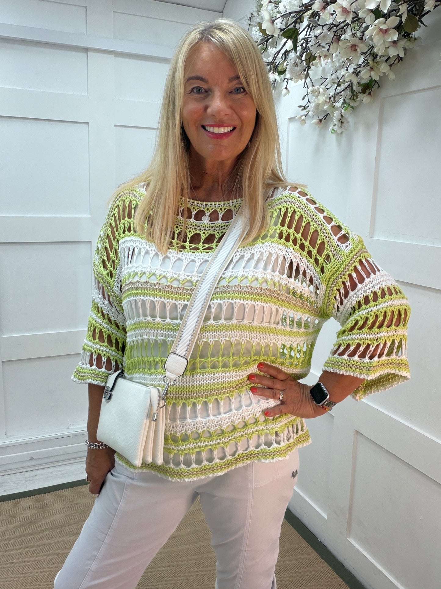 Olivia: 3/4 sleeve stripe holey open knit top. One Sz: 12-18. 3 colours