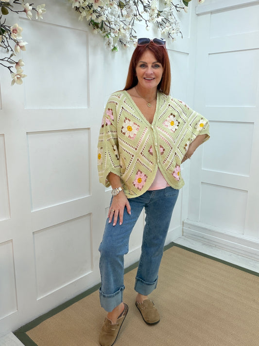 Daisy: Pistachio floral 3/4 sleeve crochet top. One size: 12-18