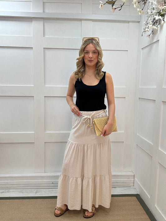 Carla: Tiered maxi skirt with thin woven belt. 8-14. 2 colours