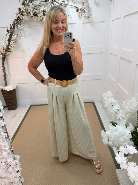 Mia: Cream wide leg stripe belted trousers. One size: 10-16