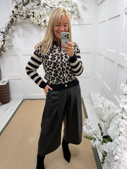 Angie: Leopard & stripe knit cardigan. One size: 10-16.