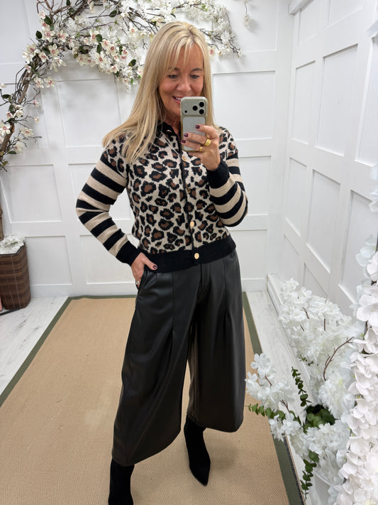 Angie: Leopard & stripe knit cardigan. One size: 10-16.