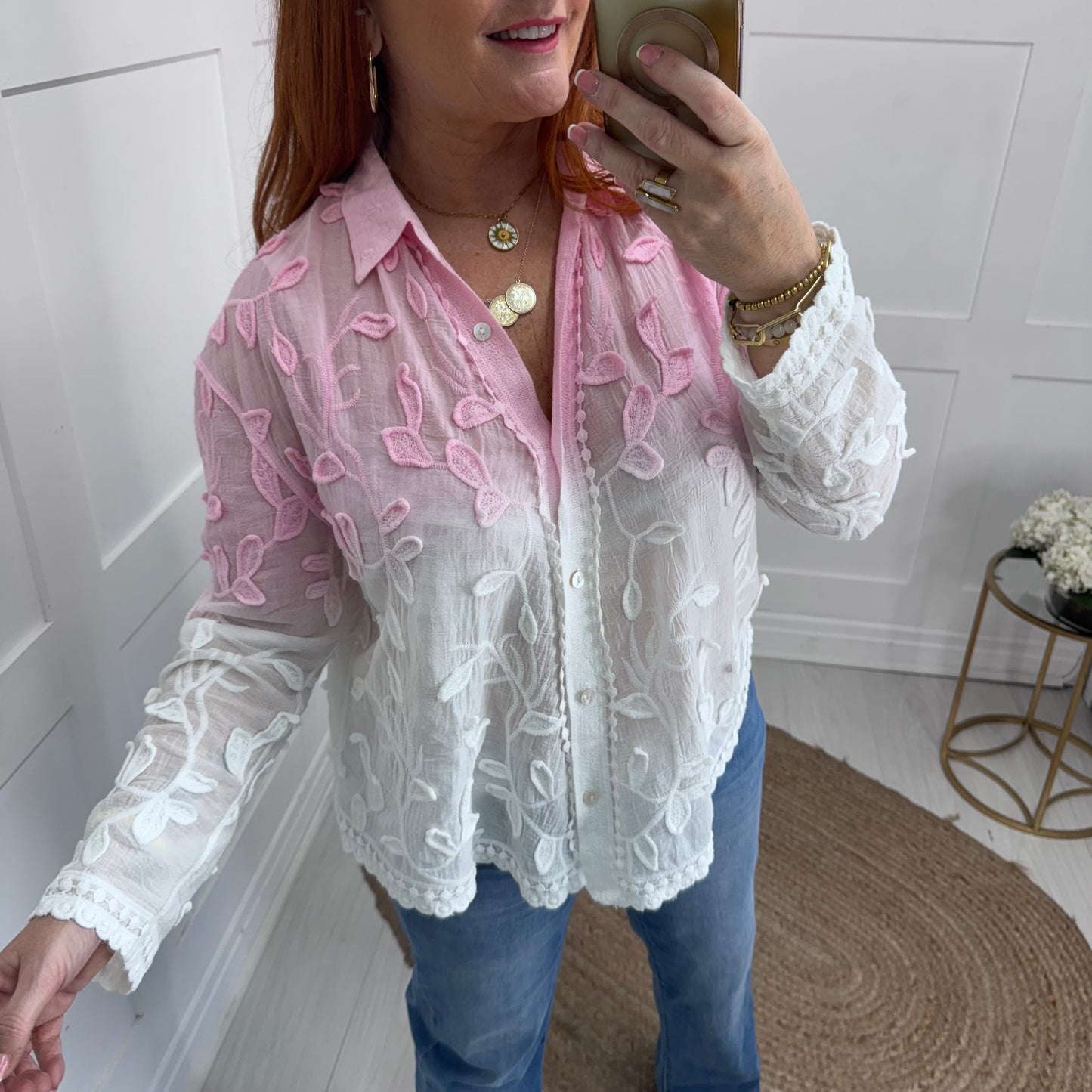 Jazz: Pink ombre embroidered leaf shirt. One size: 10-16