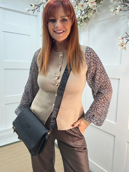 Lyla: Beige with leopard print & lurex sleeve . One size 12-16