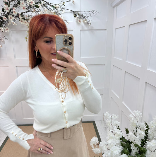 Katy: White V neck button sleeve top/cardigan. 2 sizes