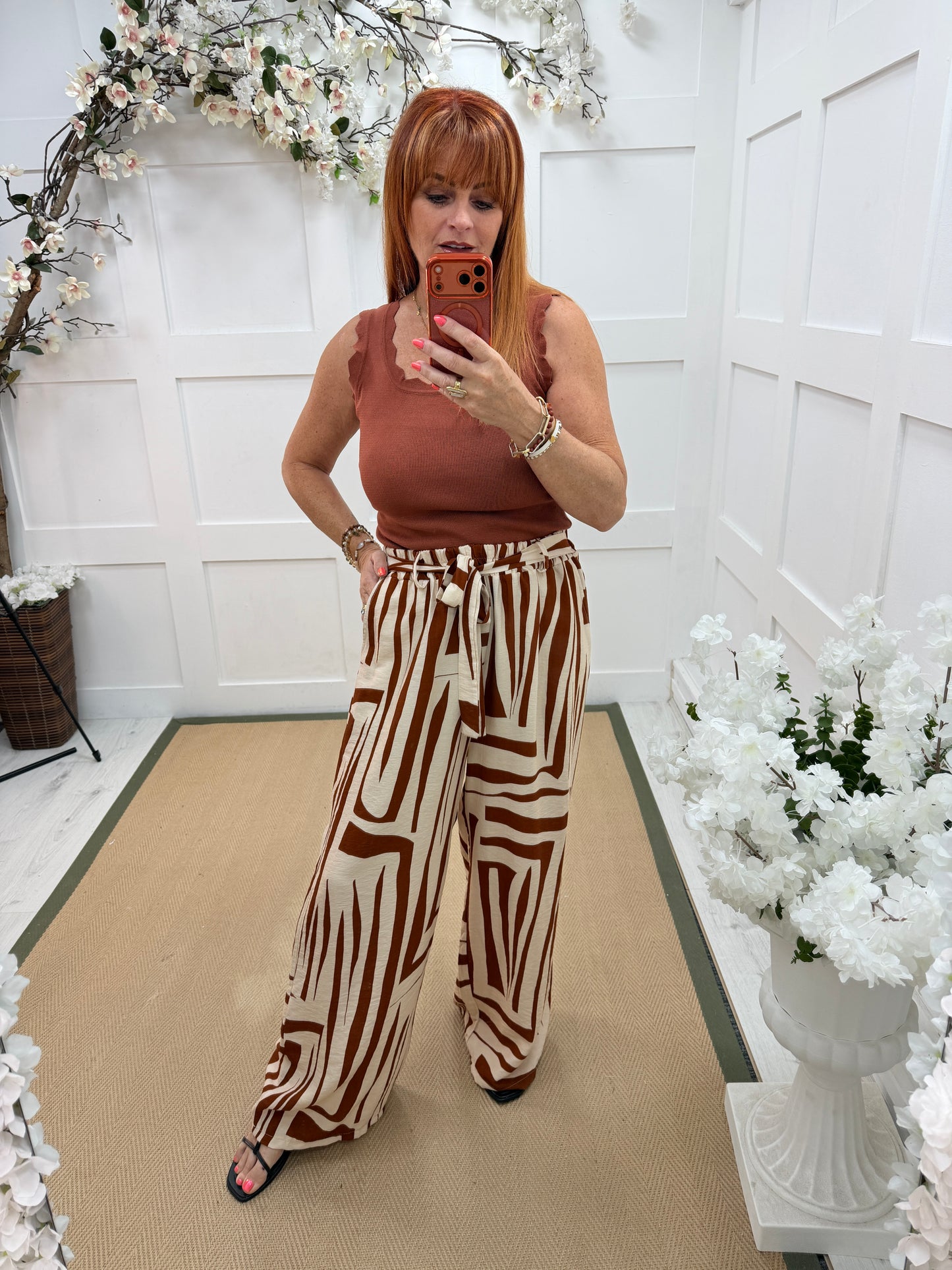 Tanaya: Printed wide leg trousers with belt. One size: 10-16. 4 colours
