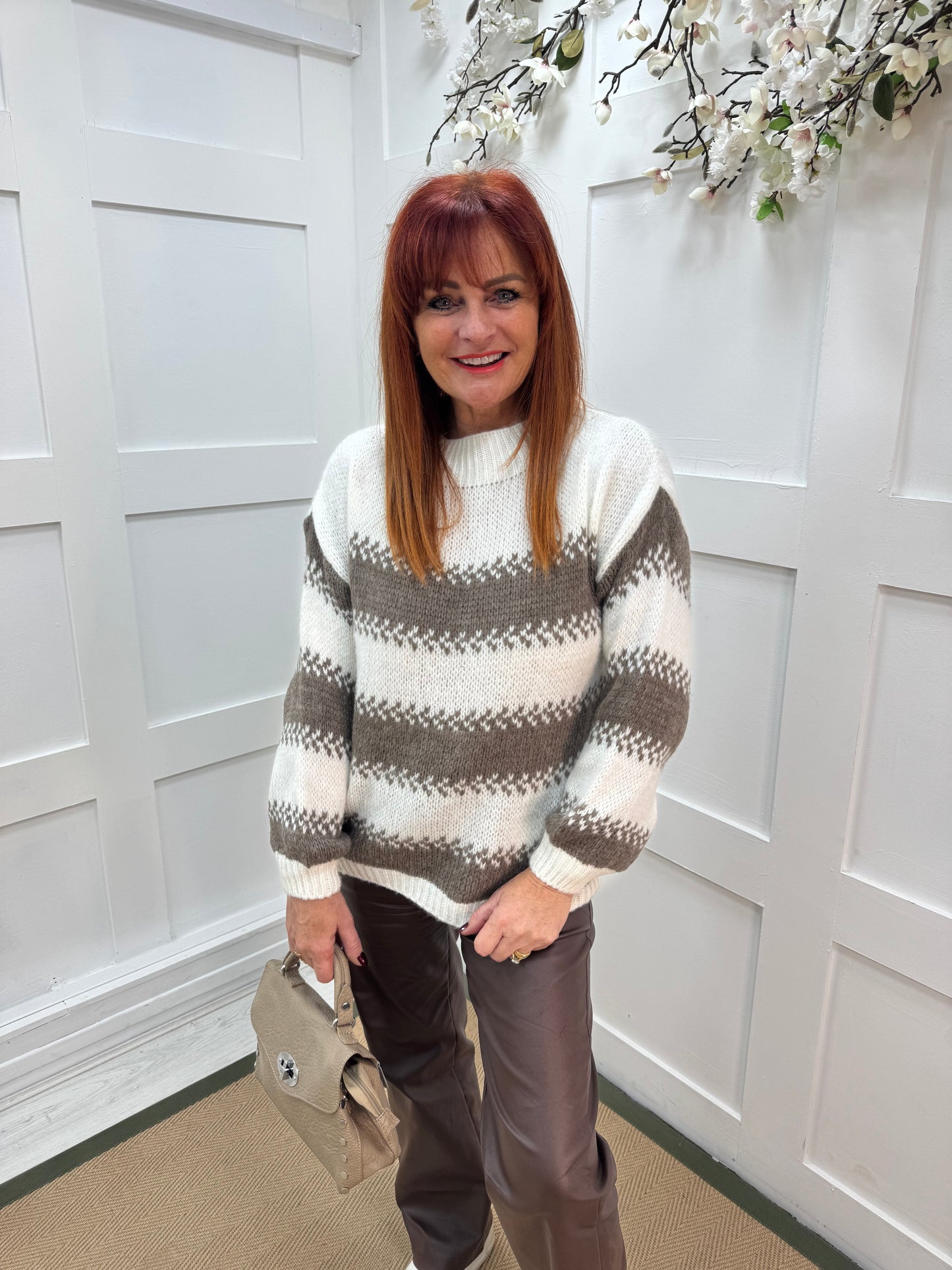 Celine: Cream and taupe striped knit jumper. One size 14-18
