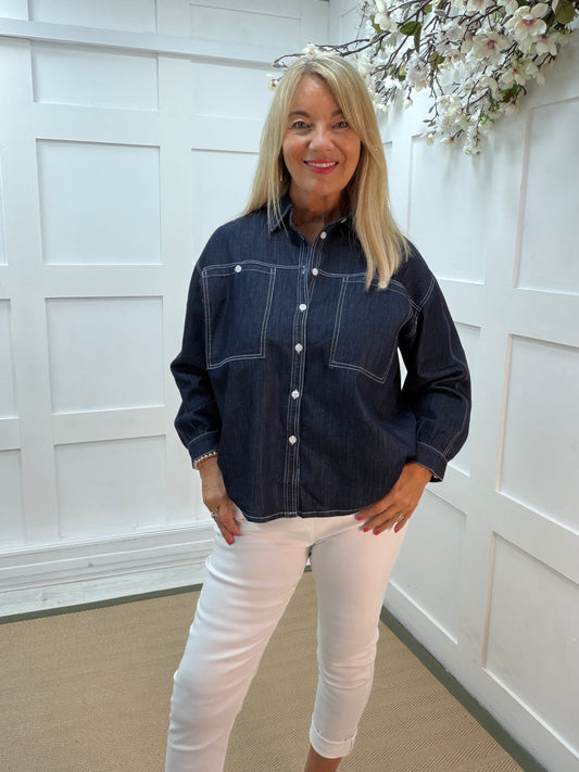 Daphne: Oversized dark denim blue shacket with white contrast stitching. 2 sizes