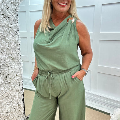 Melissa: Green cowl neck top & trouser co-ord set. One size: 12-18