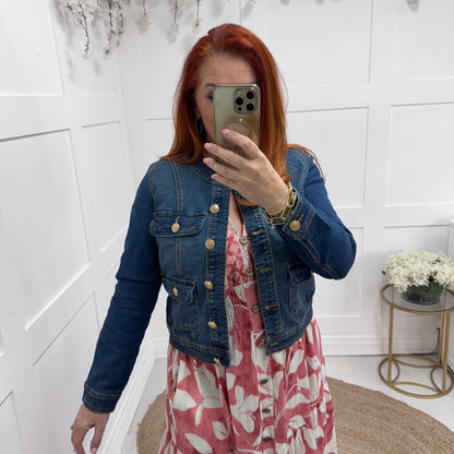 Margot: Blue military button denim jacket. Sizes: 10-20