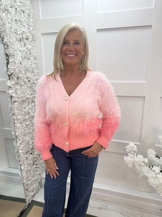 Olivia: Pink ombre fluffy knit top. One size: 10-16
