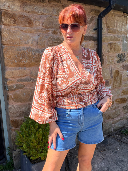 Tanya: Wrap style long balloon sleeve printed top. 3 sizes. 2 colours