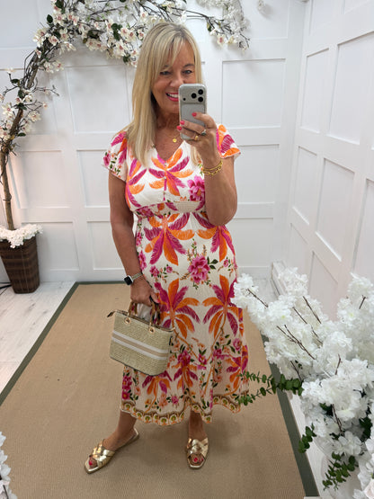 Phoebe: Orange floral print short sleeve maxi dress. One size: 10-14