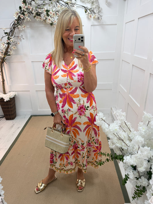 Phoebe: Orange floral print short sleeve maxi dress. One size: 10-14