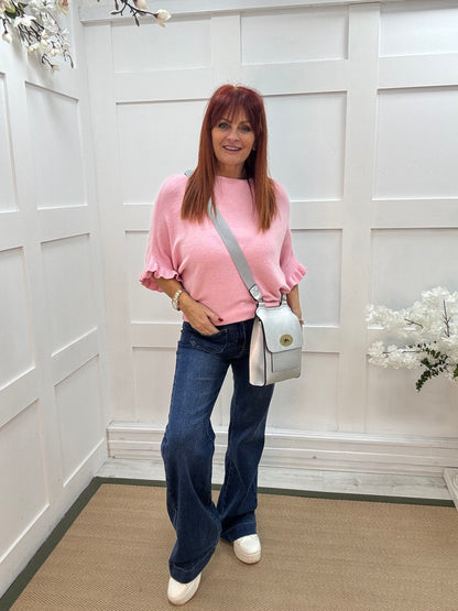 Sierra: Pink batwing fluted sleeve knitted top. One Size 12-18/20