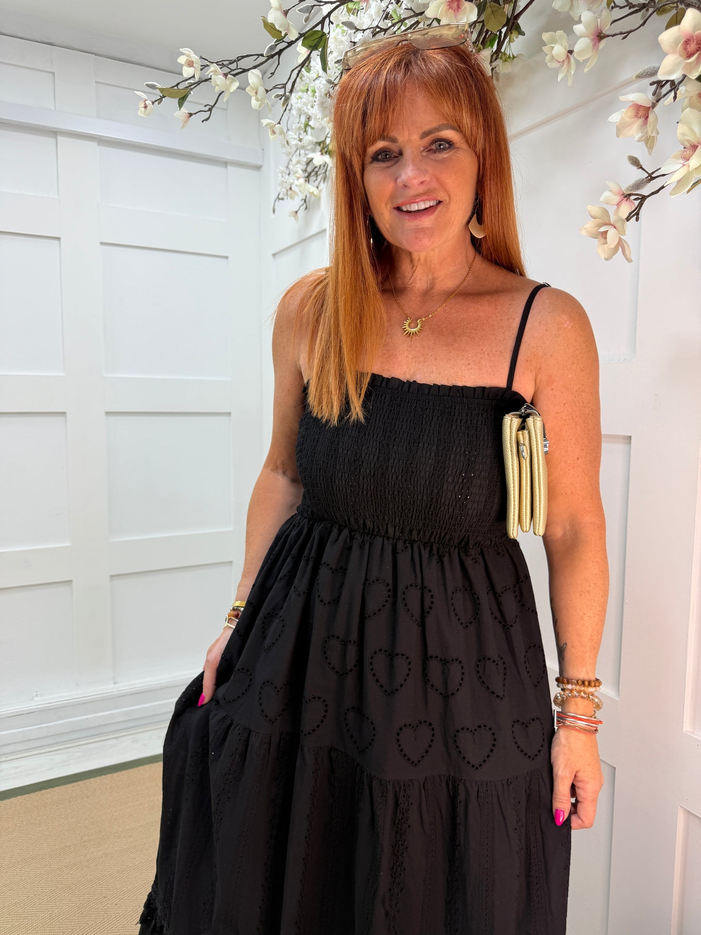 Bobbi: Broderie Anglaise strappy midi dress. One size: 10-16. 2 colours