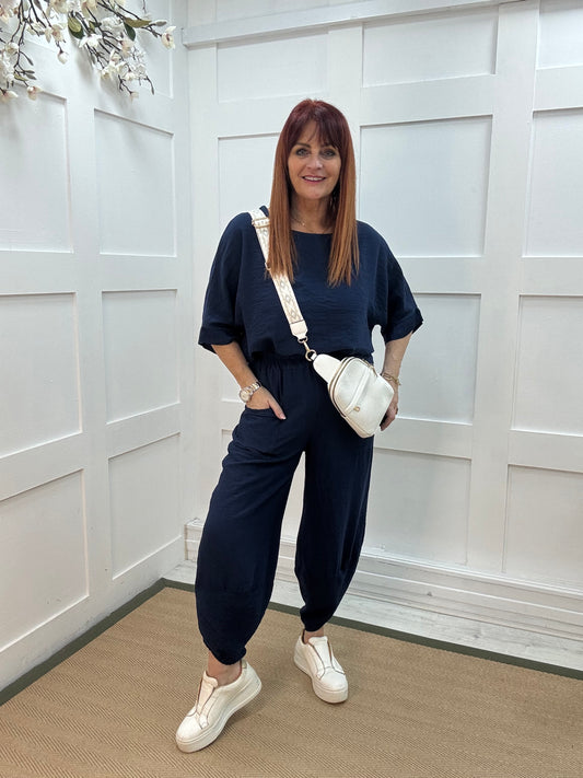 Bobbie: Navy two piece silky trim trouser set. One size: 10-16