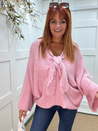 Bloom: Pink bow knitted jumper. One size: 12-18