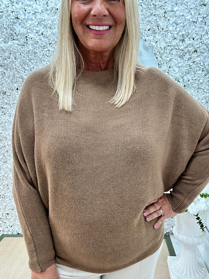 Sammi: Caramel batwing knitted top. One size: 12-18/20