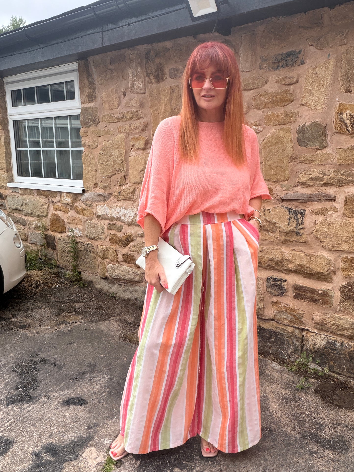 Suzie: Wide leg stripe trousers with pockets. One size: 10-16. 2 colours