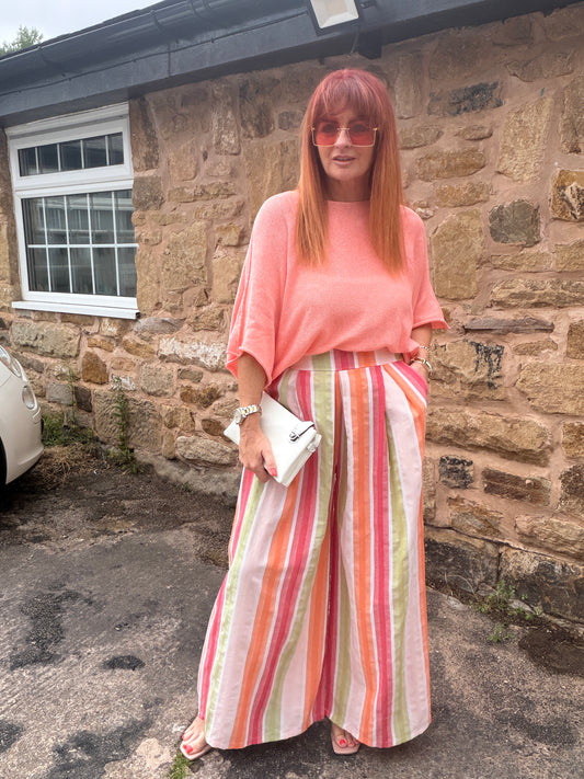 Suzie: Wide leg stripe trousers with pockets. One size: 10-16. 2 colours
