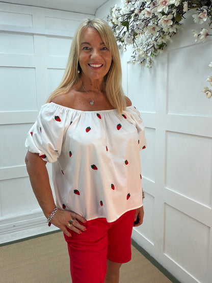 Solana: White bardot style strawberry top. 2 sizes
