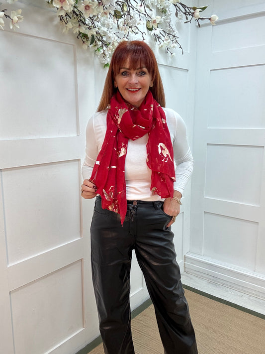 Ria: Red & gold metallic robin bird scarf