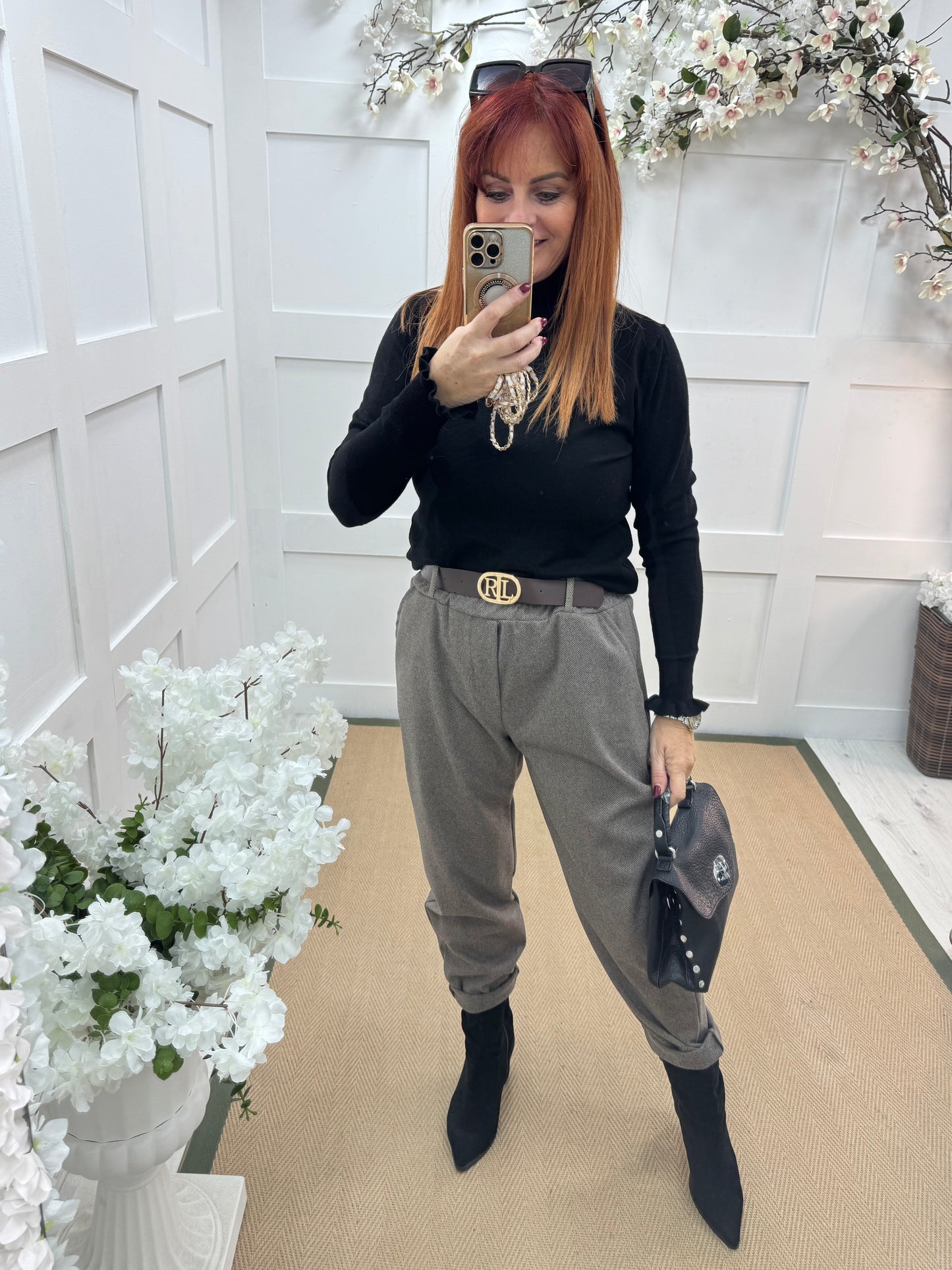 Rylee: Mocha herringbone belted trousers. One size: 10-14