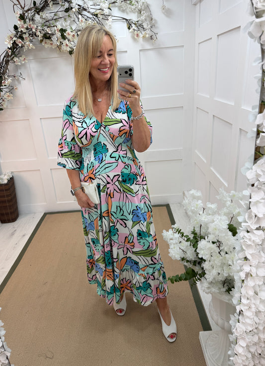 Mimi: Multicoloured floral print 3/4 sleeved midi dress. 2 sizes.