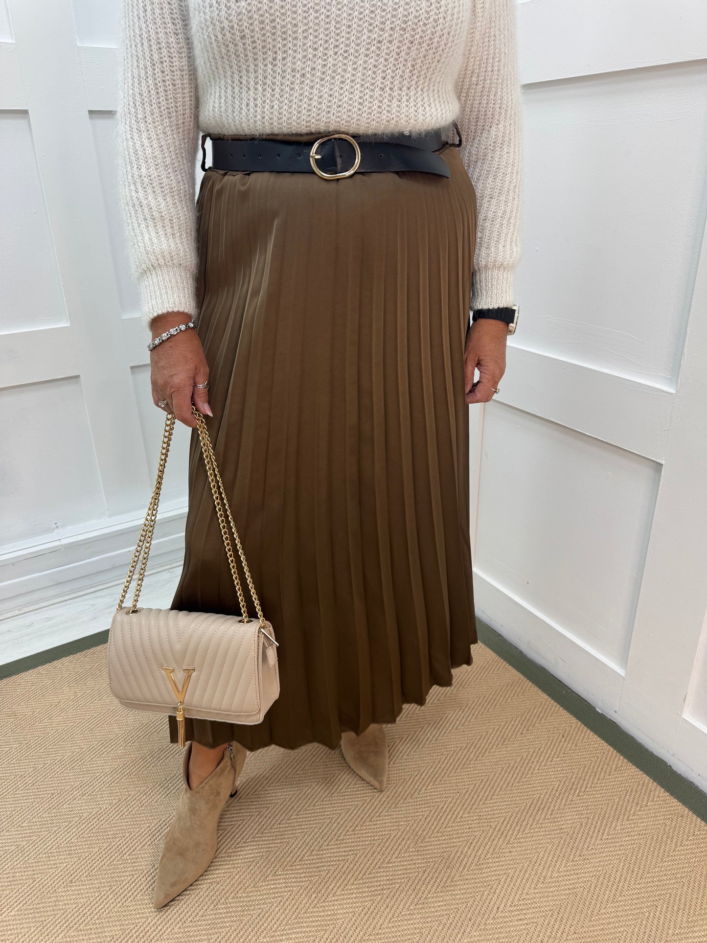 Mara: Brown silky feel pleated maxi skirt. One size: 10-14