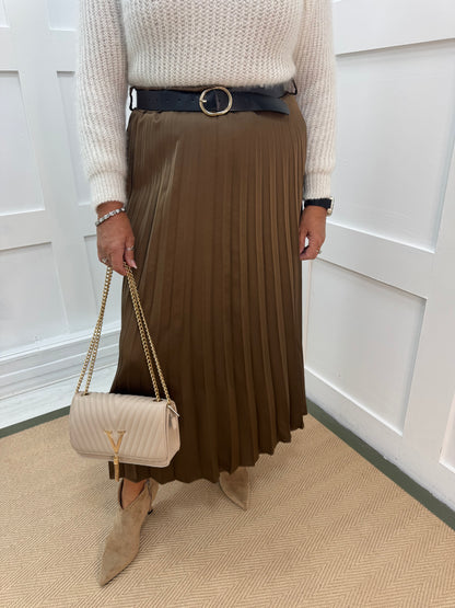 Mara: Brown silky feel pleated maxi skirt. One size: 10-14
