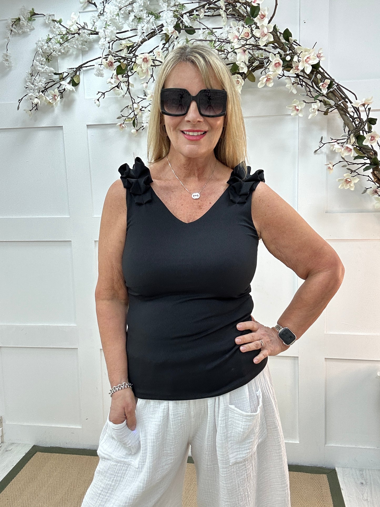 Ruthy: Ruffle shoulder V neck vest top. One size: 10-16 8 colours