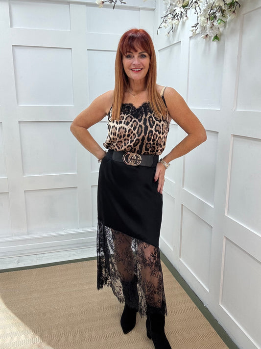 Sylphie: Black Silk Skirt with Sheer Lace Bottom. One size: 10-16