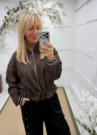 Betsy: Dark brown diamanté & lace bomber jacket. One size 14-20