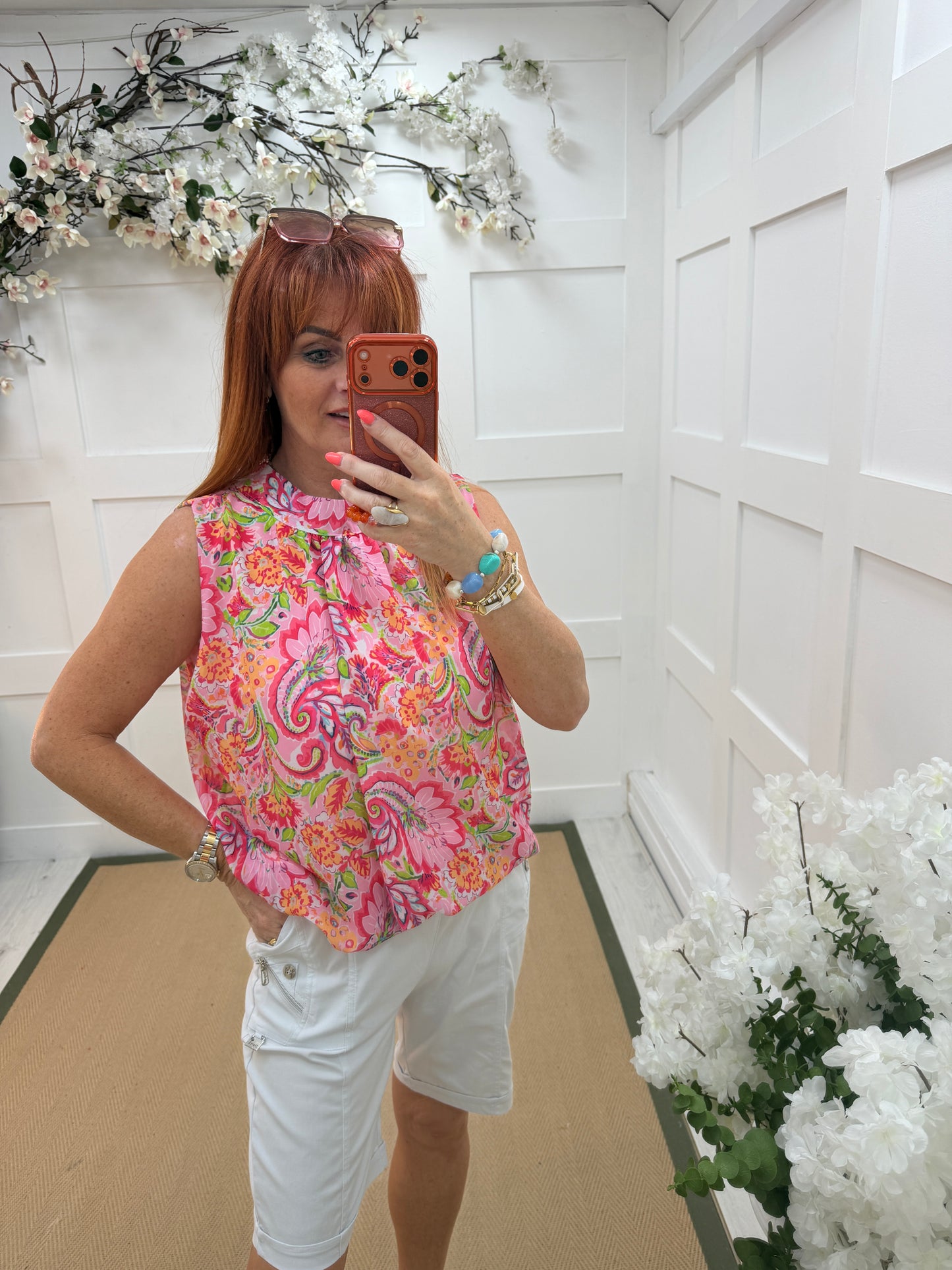 Kendall: Sleeveless high neck floral printed top. One Sz: 10- 18. 3 colours