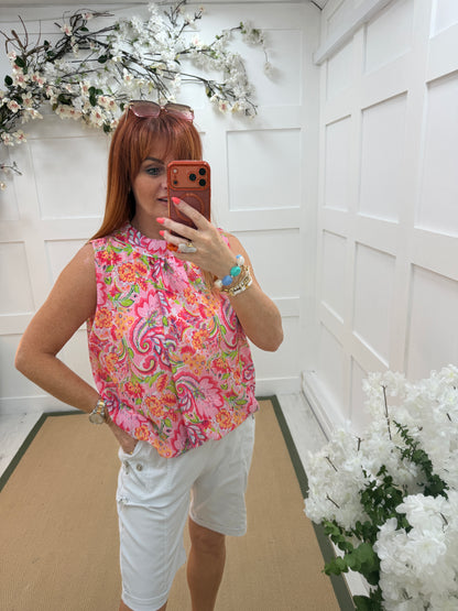 Kendall: Sleeveless high neck floral printed top. One Sz: 10- 18. 3 colours