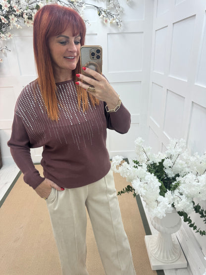 Arabella: Brown diamanté long sleeve top. One size: 12-16