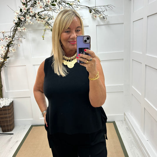 Harlo: Black knit long tie top. One size: 12-18
