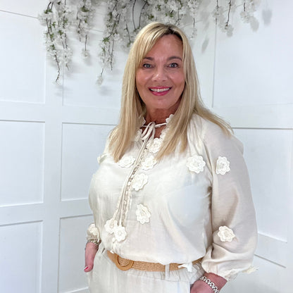 Nicole: Cream silky 3D floral top. One size: 10-16/18
