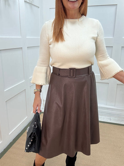 Kendra: Brown faux leather belted skirt. One size: 8-12