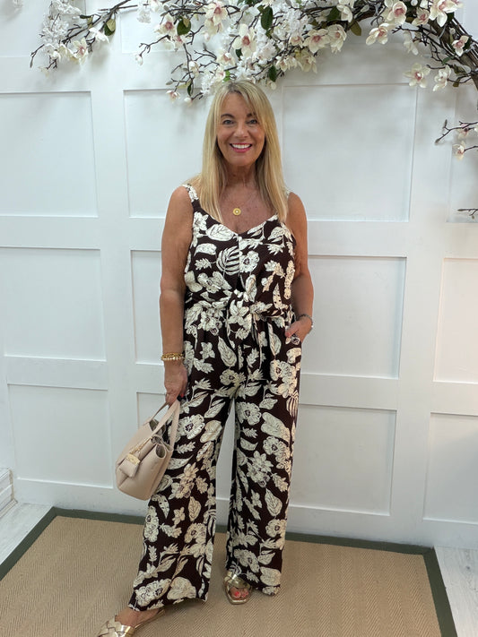 Faith: Brown & cream floral printed wide leg jumpsuit. 4 sizes