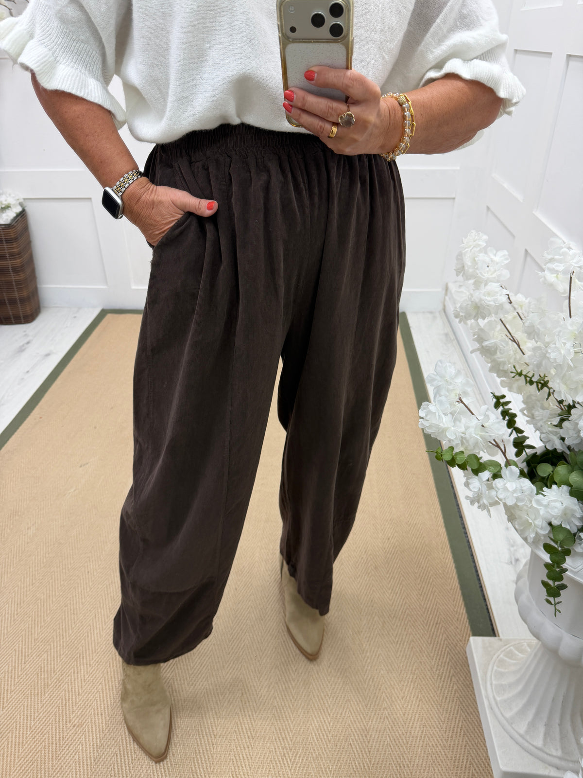 Carly: Needle cord balloon leg trousers. One size: 12-20. 3 colours
